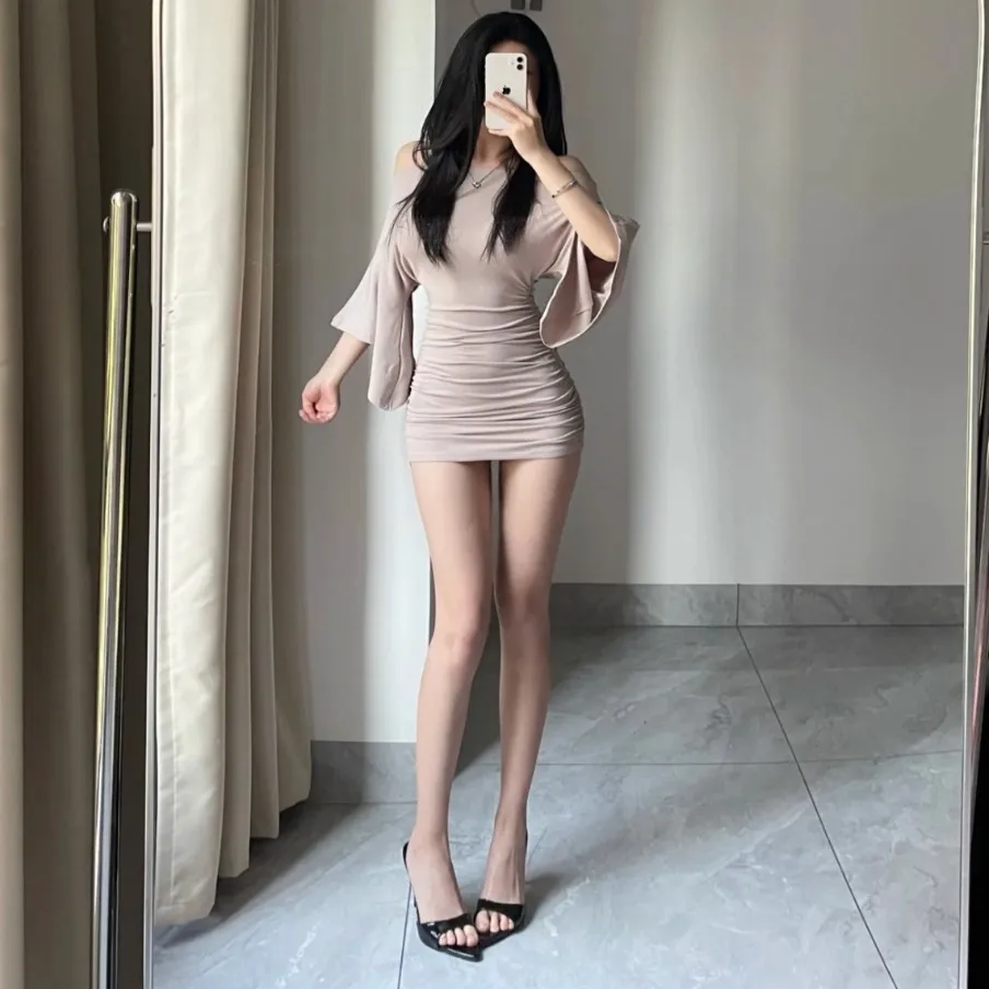 

2026 Spring Summer Off Shoulder Bell Sleeve Bodycon Mini Dress Women Elegant Ruched Waist Two Way Slim Fit Wrap Hem Short Dress