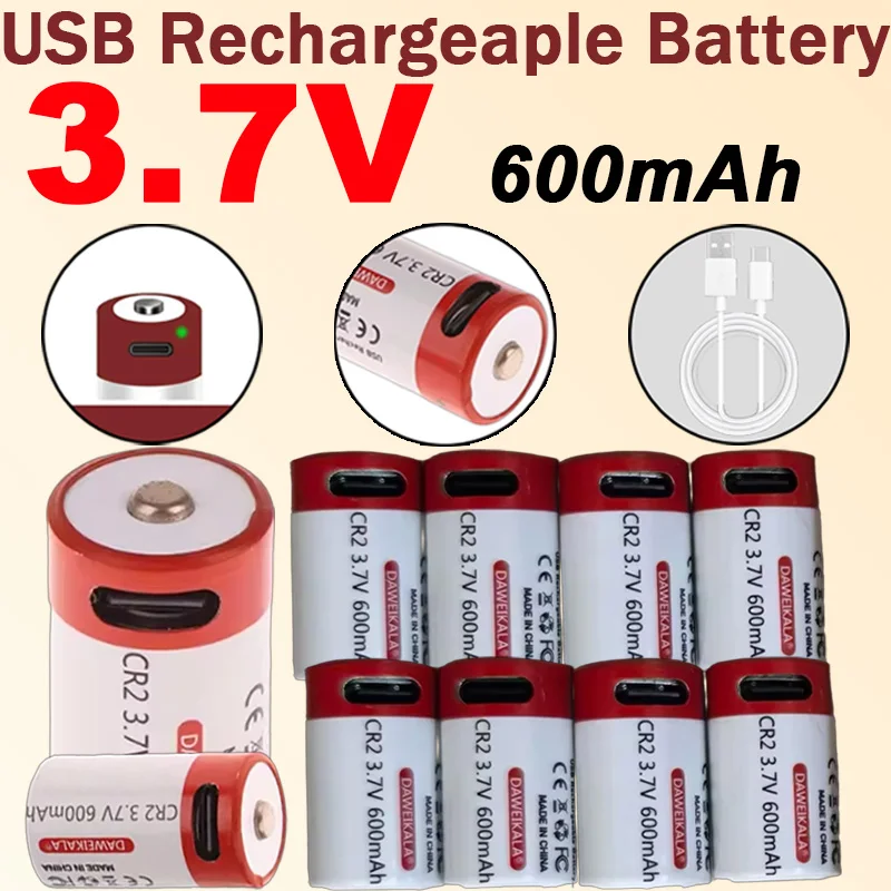 

CR2 3.7V Li-ion USB Rechargeable Battery - Free Type-C Cable for Camera Range Finder Disc Brake Lock Flashlight