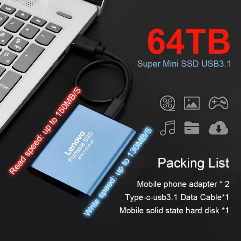 Lenovo Portable SSD 2TB High Speed External Hard Drive 8TB 64TB USB3.1 Type-C Interface Hard Disk Solid State Drive Mass Storage