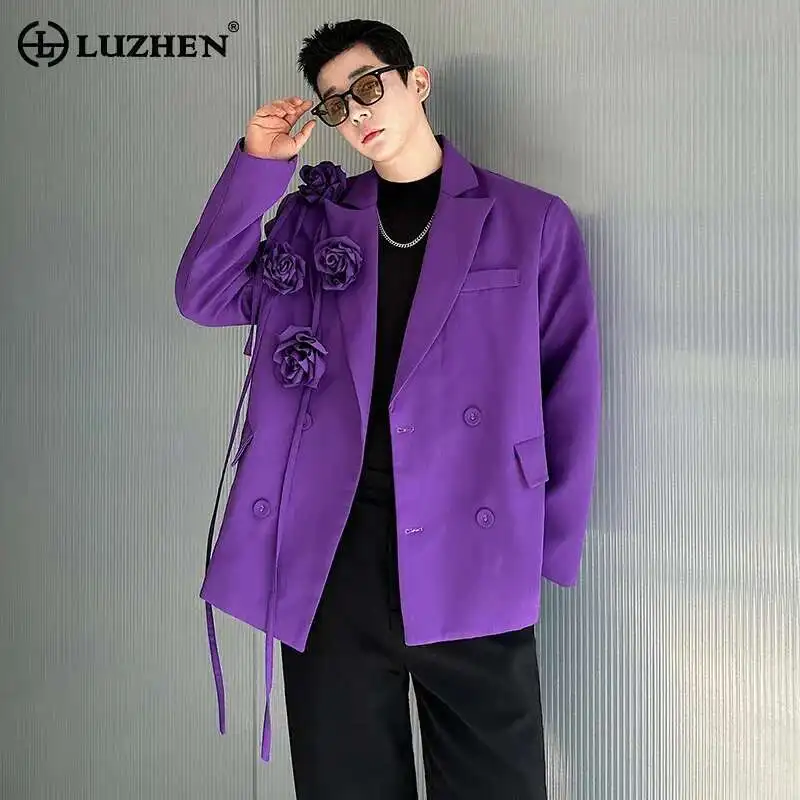 LUZHEN 2025 Spring Elegant Casual Blazer Coat Men's Trendy Luxury Three-dimensional Flower Design Solid Color Male Jacket LZ9423