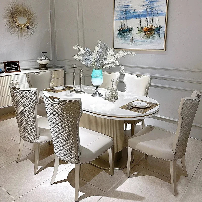 

French light luxury solid wood marble dining table and chairs American villa living room high-end oval long