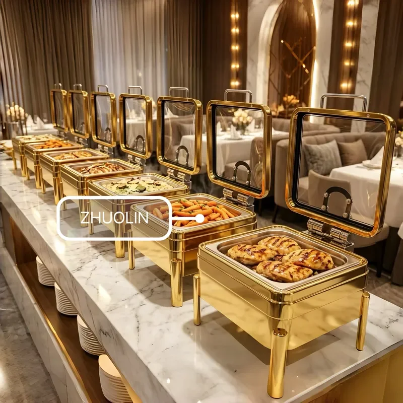 9L Deluxe Hotel Food Warmer 304 Stainless Steel with Glass Lid Gold Finish Electric or Fuel Heating Soft Close Hydraulic