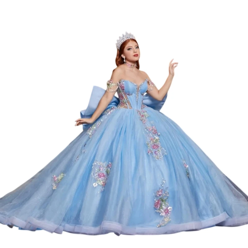 Glitter Light Sky Blue Quinceanera Dress Ball Gown Floral Applique Beading Bow Sweet 16 Vestidos De 15 Anos Customized