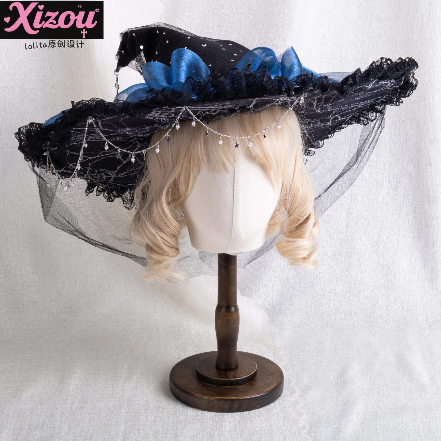 

Лолита с бантом и розовым кружевом, оригинальный дизайн, звезда, синее облако, марлевая шляпа ведьмы, повязка на голову в стиле Лолиты, кружевные цилиндры для женщин