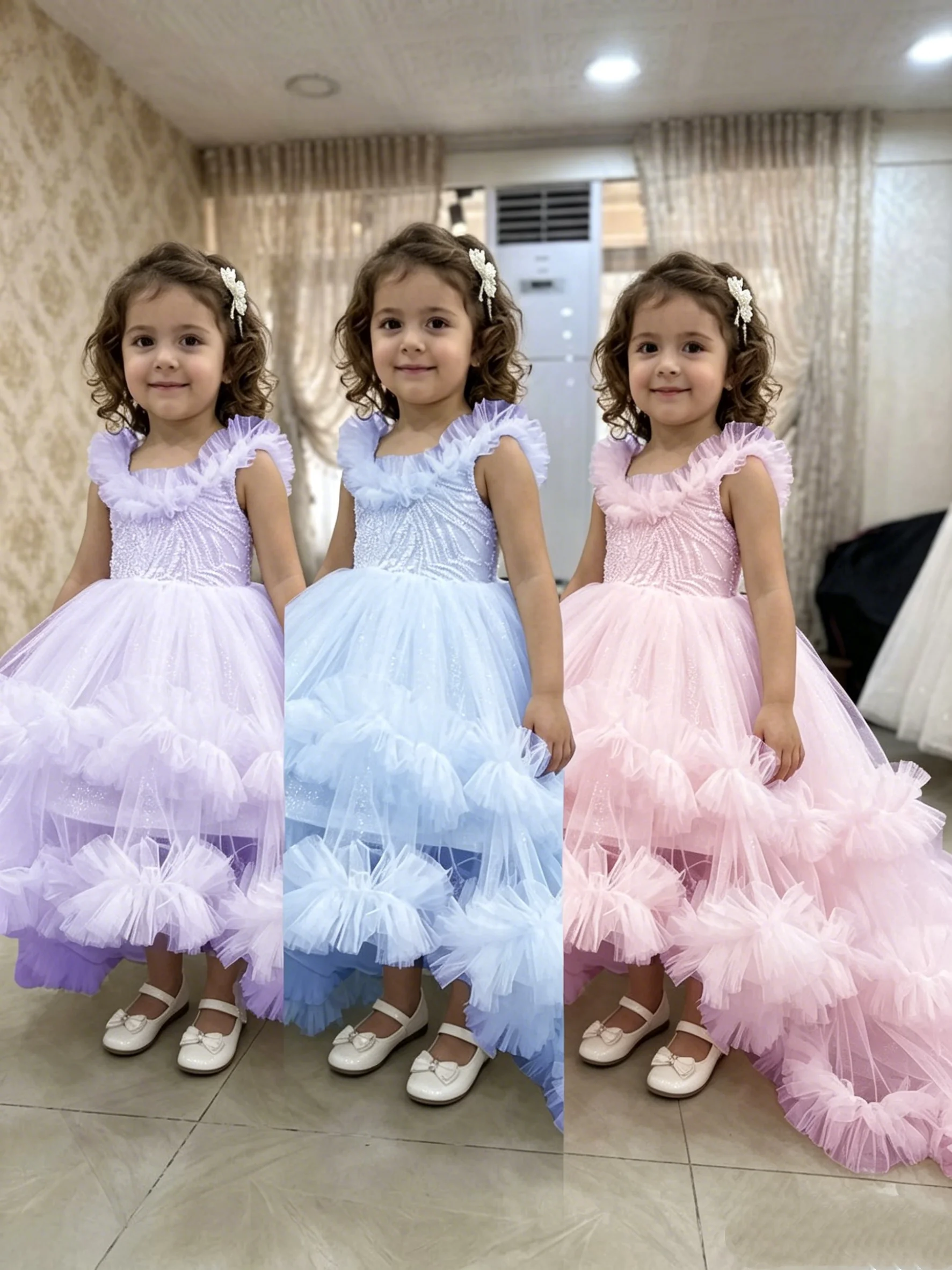 White 2026 New Flower Girl Dress with Wedding Asymmetrical Length Children's Birthday Wedding Party Dress Customizable