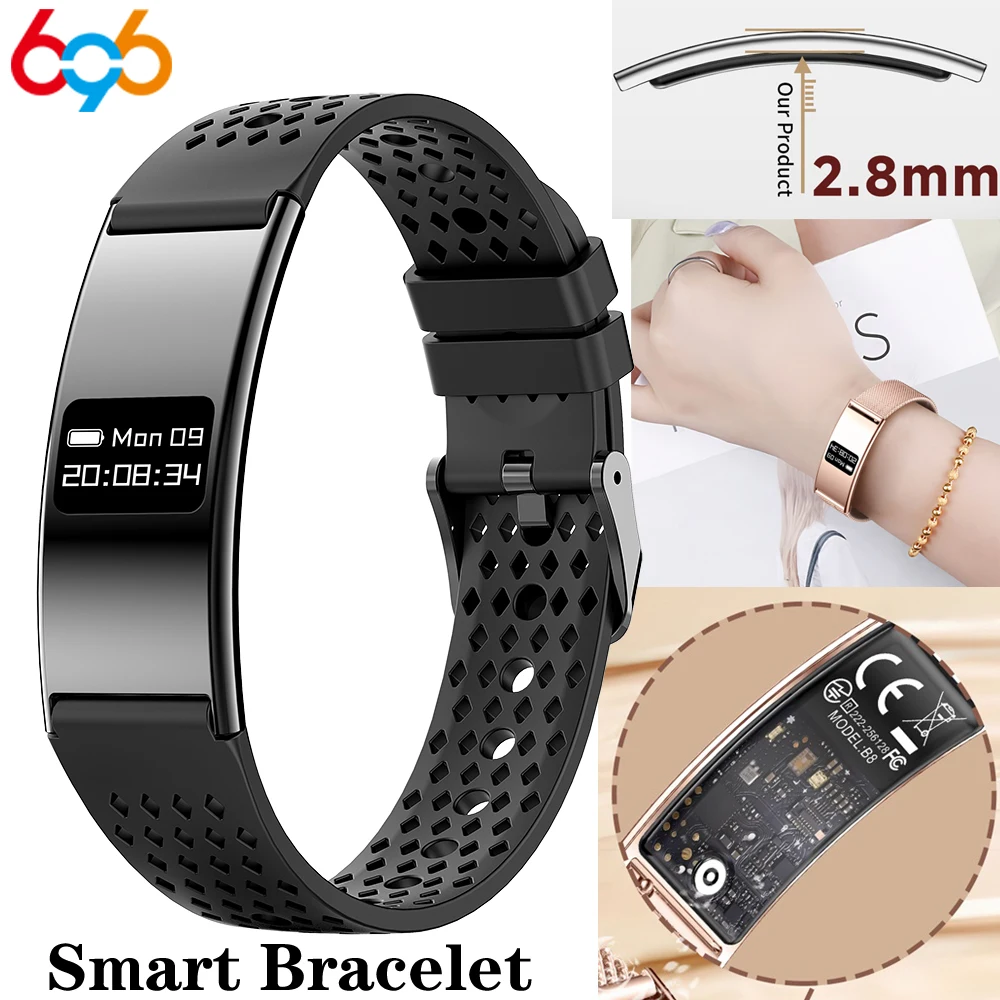 Women Men Wristband Heartrate Sport Smartwatch Stainless Steel Smart Watch 2.8mm Ultra-thin Body Waterproof Health Daily Monitor