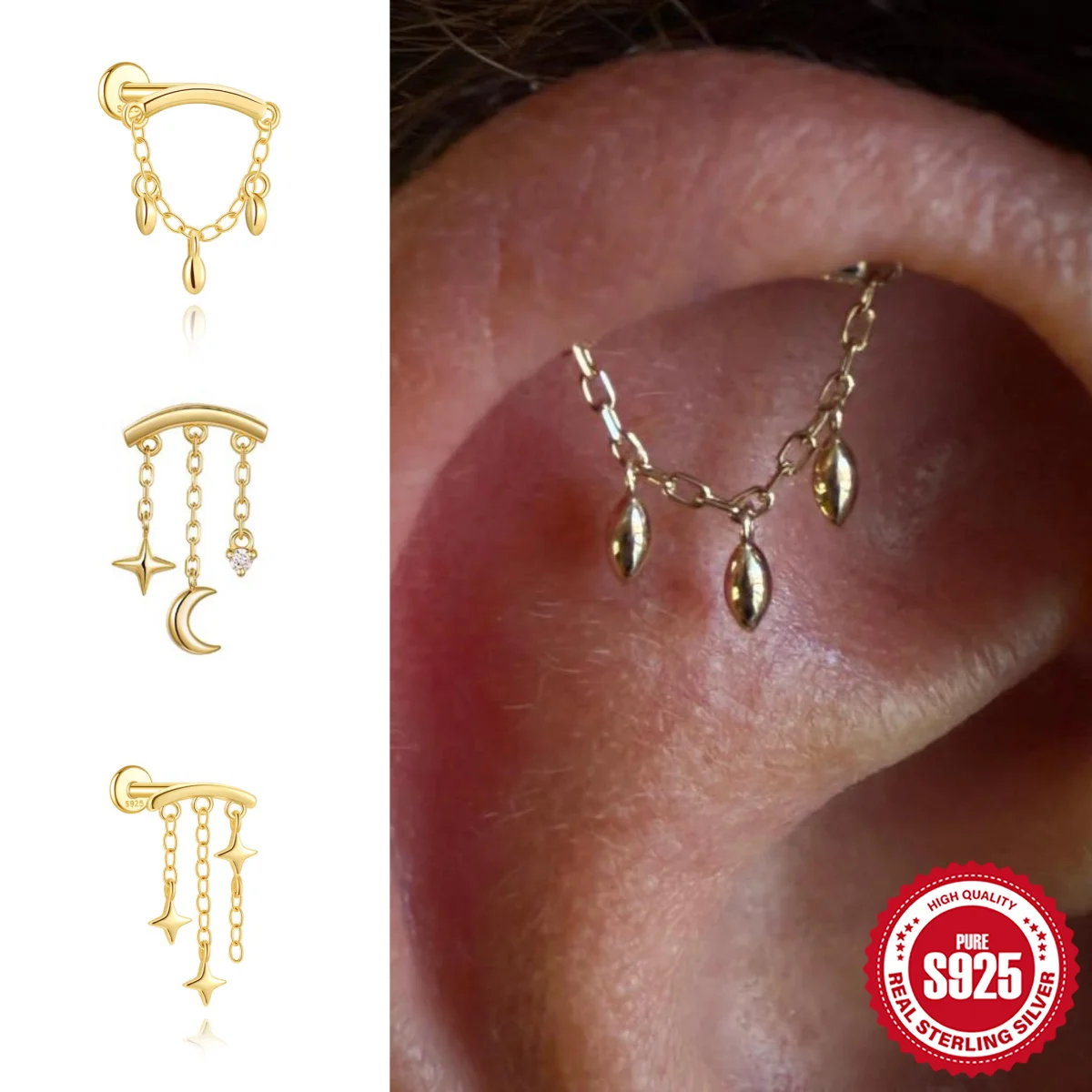 Canner 925 Sterling Silver 1Pc Flat Back Moon/Star/Ball Tassel Charms Piercing Earrings For Women 18K Gold Thread Jewelry Gift