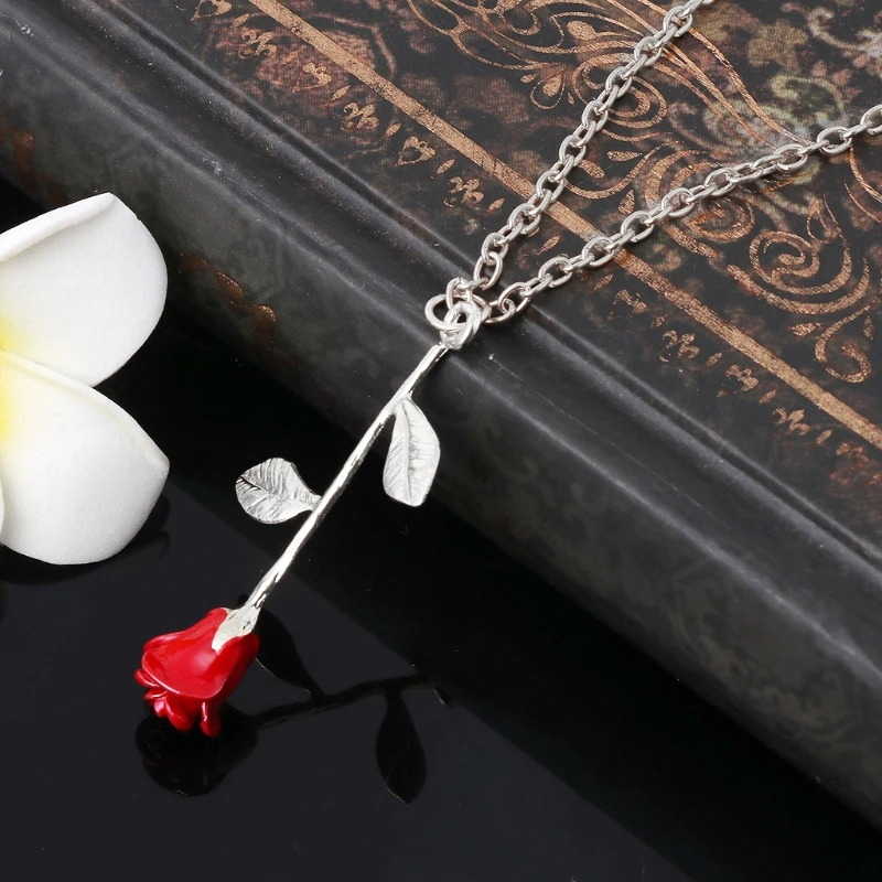 Vintage Beauty and Beast Golden Filled Necklace Jewelry Decoration 3D Red Rose Pendant Necklace Party Favor Female Gifts