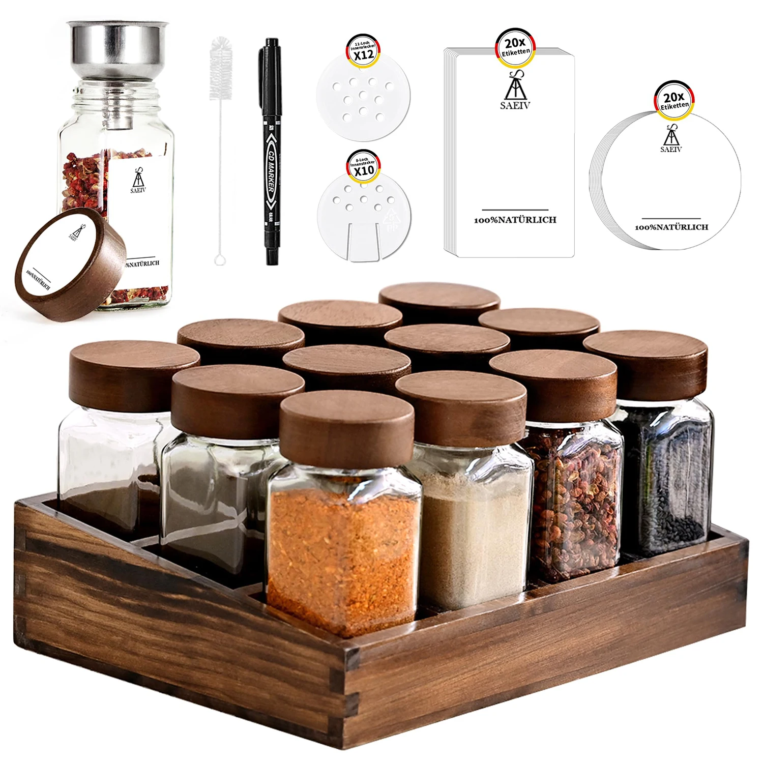 Gewürzregal aus Akazienholz mit 12/24 x 120 ml Gewürzgläsern und Etiketten | Küchen-Organizer, leicht zu bewegen, um Gewürze zu bewegen