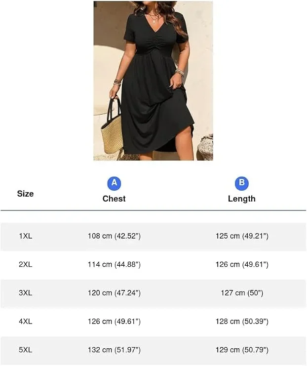 Plus-Size Damen Einfarbiges Midikleid V-Ausschnitt Kurzarm Gerafftes Elastisches Gewebe Lässige Lange Kleider für Damen – Detail 3