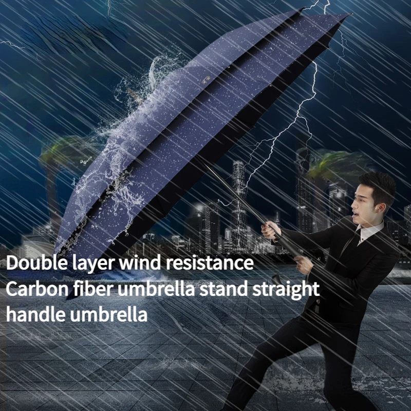 Long Handle Umbrella Men's Paralas Large Semi-Auto Umbrella Reinforced Wind Resistant Water Repellent Double Layer Dual Umbrella