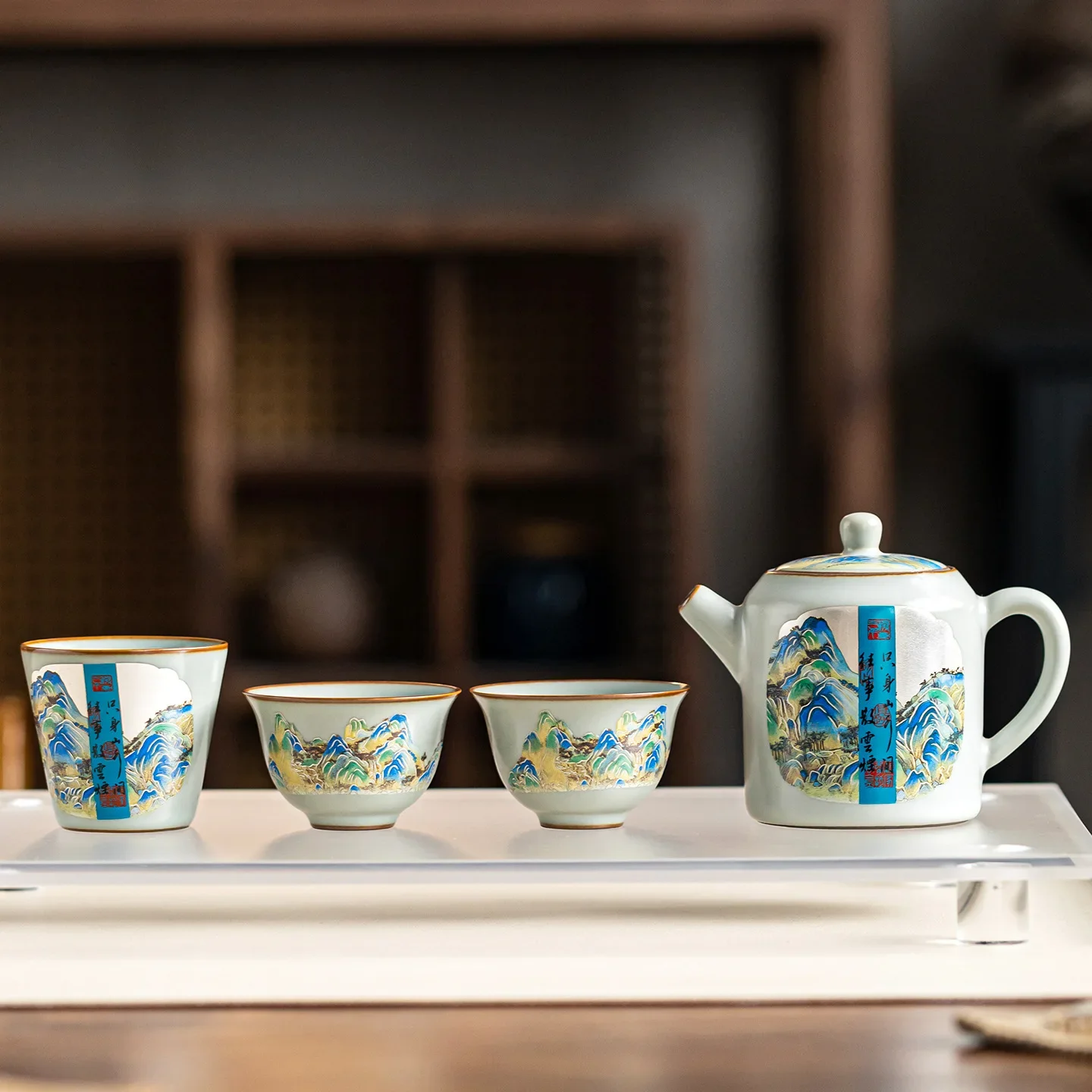 Ru Kiln Qianli Jiangshan Junpin Pot One Pot Three Cups Travel Tea Set Home High-End Portable Outdoor Kung Fu Tea Making Set Gift
