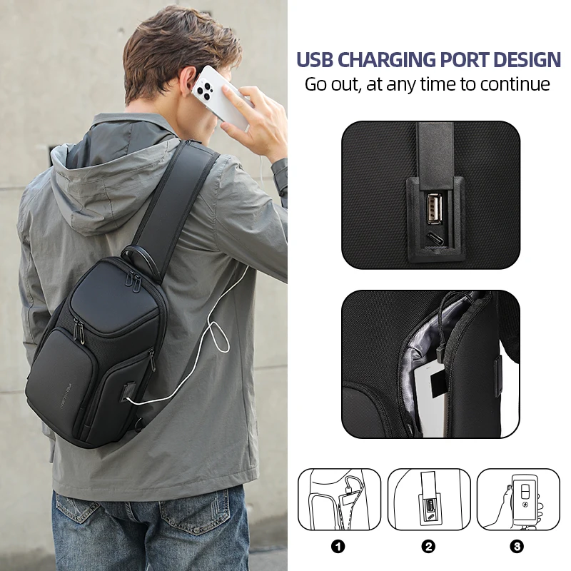 Fenruien Men Shoulder Bag For Men Waterproof USB Charge Crossbody Bags Male Short Trip Chest Bag Fit For 9.7 Inch iPad