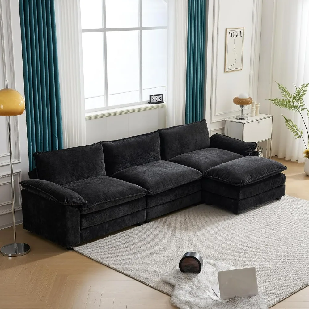 

Modern Deep Sectional Sofa, 3-Seat Couch with Ottoman, Chenille Sofa Sleeper Comfy Upholstered Furniture for Living Room, Black