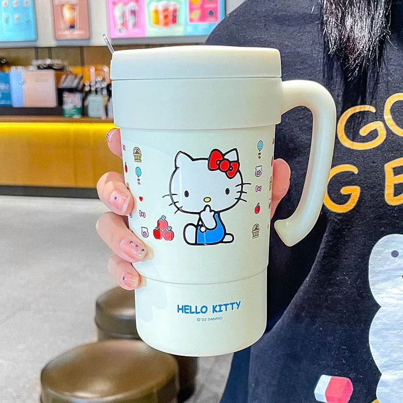 New Sanrio Hello Kittys Y2k 580ml Kawaii Straw Thermos Cup Anime Cute Cartoon Student Office Coffee Milk Cup For Girls Gifts