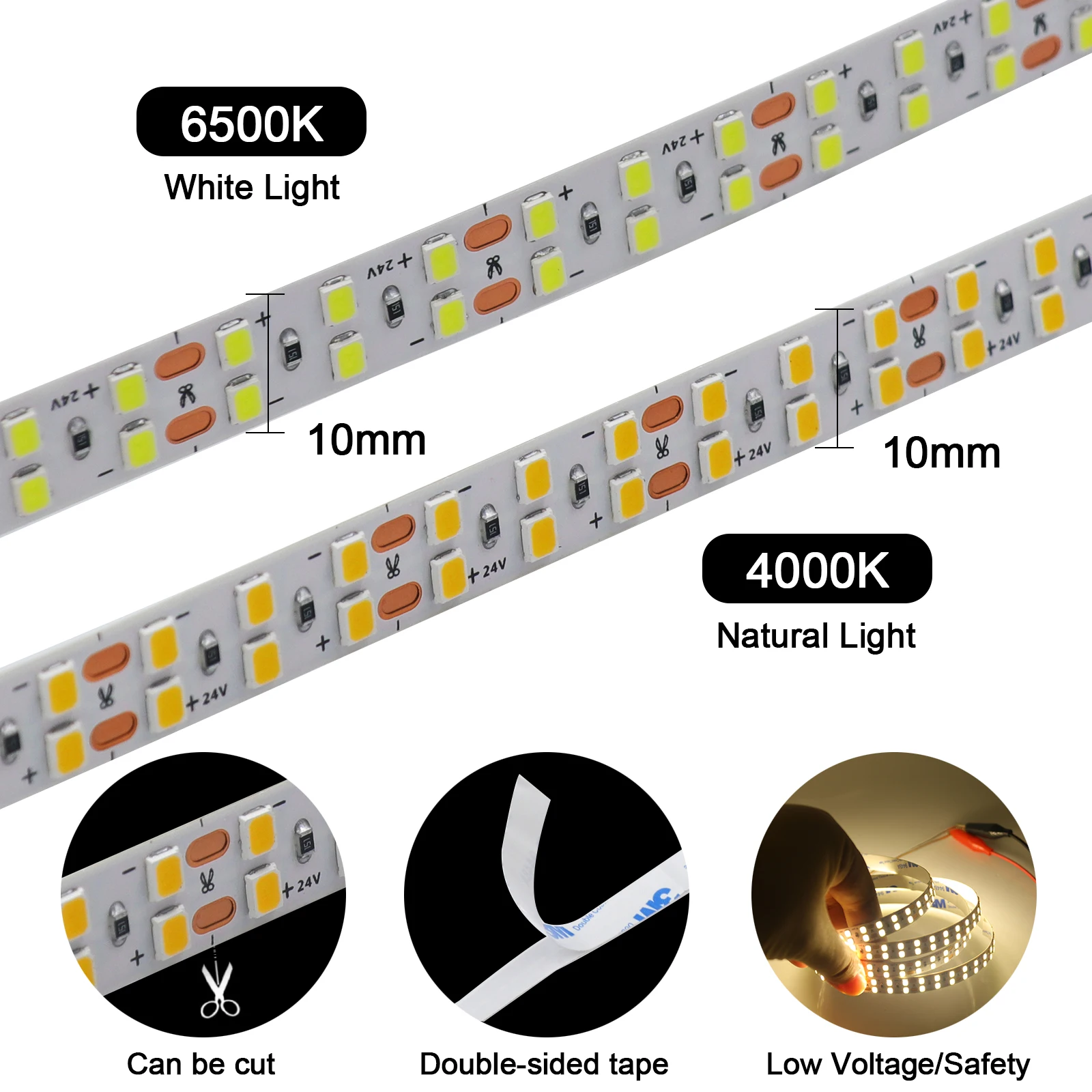 24V 10mm LED Strip SMD 2835 5M 1200Leds 10M 2400Leds Hight Bright Flexible LED Rope Ribbon Tape Light Warm/Natural/Cold White