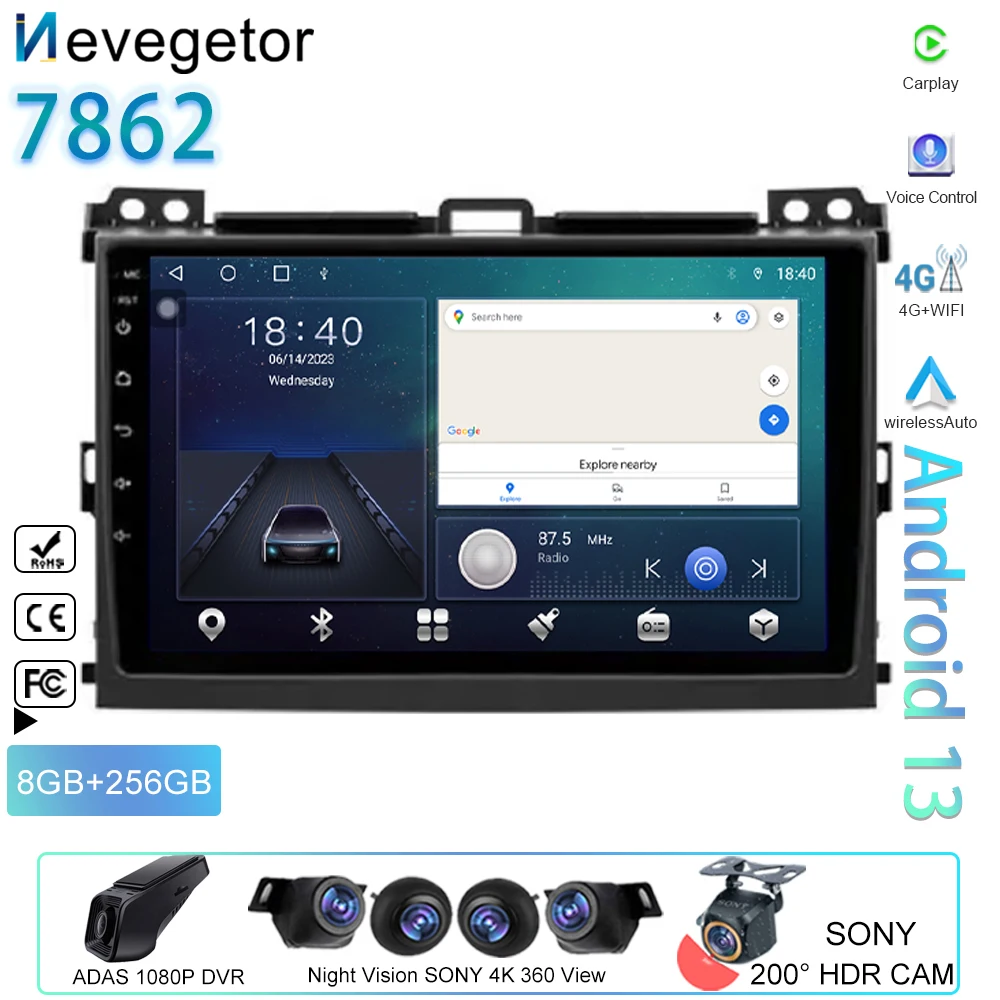 

For Toyota LAND CRUISER Prado 120 2003-2009 Car Android Auto Carplay GPS Navigation Multimedia Player Radio Head Unit BT No 2din