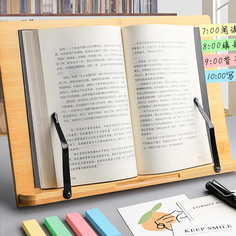 Adjustable Bamboo Reading Book Stand Foldable Book Shelf Holder with Page Holder Clips Receipe Books Textbooks Tablets Laptops