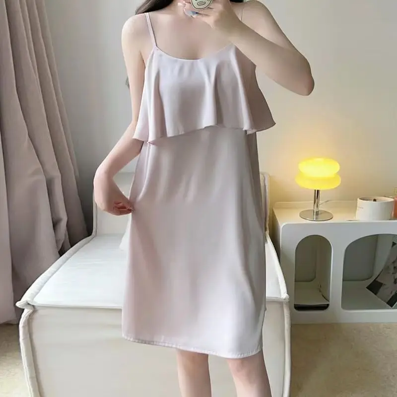 

2025 Summer Sexy Spaghetti Strap Silk Satin Nightgowns for Women Korean Cute Sleepwear Night Dress Nightdress Ladies Home Nighty