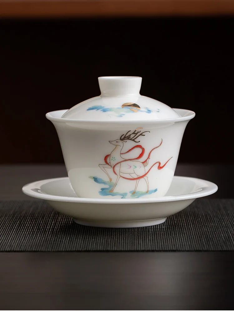 

Blue And White Porcelain Cover Bowl Hand-Painted Underglaze Tea Set for Brewing Tea Single Home Use Deer Pattern Ceramic Cup