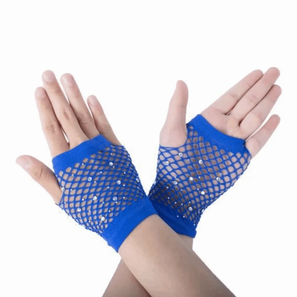 Fashion Elastic Rhinestone Gloves Black White Shiny Fishnet Fingerless Gloves Punk Gothic Style Long Gloves Dance Wear