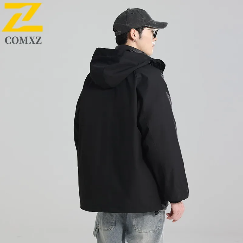 COMXZ Men Puffer Jacket 2025 Sport Hooded Ski Travel Warm Windproof Hiking Cotton Padded Jacket Lightweight Street Padding Coat