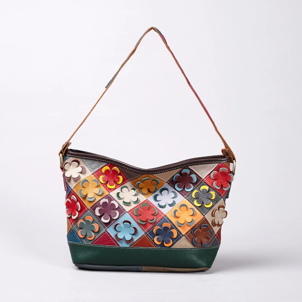 Handcrafted Leather Crossbody Bag  Bohemian Floral & Check Print  Colorblock Shoulder Purse