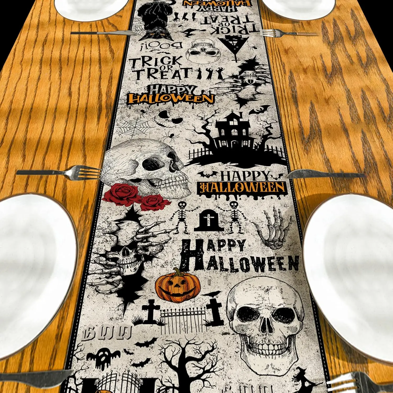 Halloween Gothic Skull Linen Table Runner Holiday Party Table Decor Farmhouse Kitchen Dining Table Runner Halloween Decorations