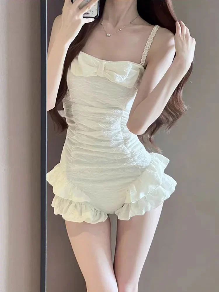 เซ็กซี่แฟชั่นผู้หญิง Bow ชุดว่ายน้ํา One Piece Ruffles Pearl Strapless 2025 ฤดูใบไม้ผลิฤดูร้อนใหม่ Bodysuits บิกินี่ชุดชายหาด