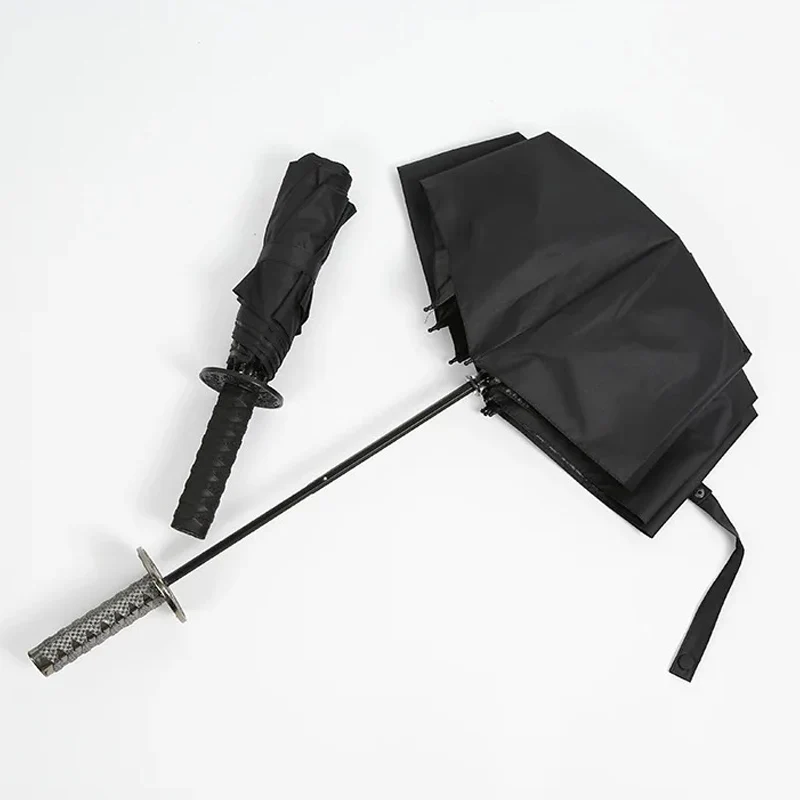 Japanese Samurai Sword Knife Umbrella 3 Fold Portable Windproof Outdoor Sunscreen Parasol Party Cosplay Business Man Women Gift