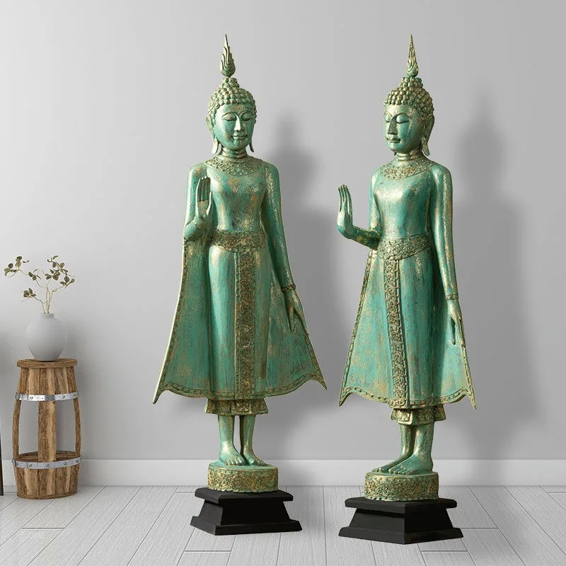 Wood carving South East Asia style welcome Buddha statue floor ornament, Thai restaurant Thai massage shop sculpture