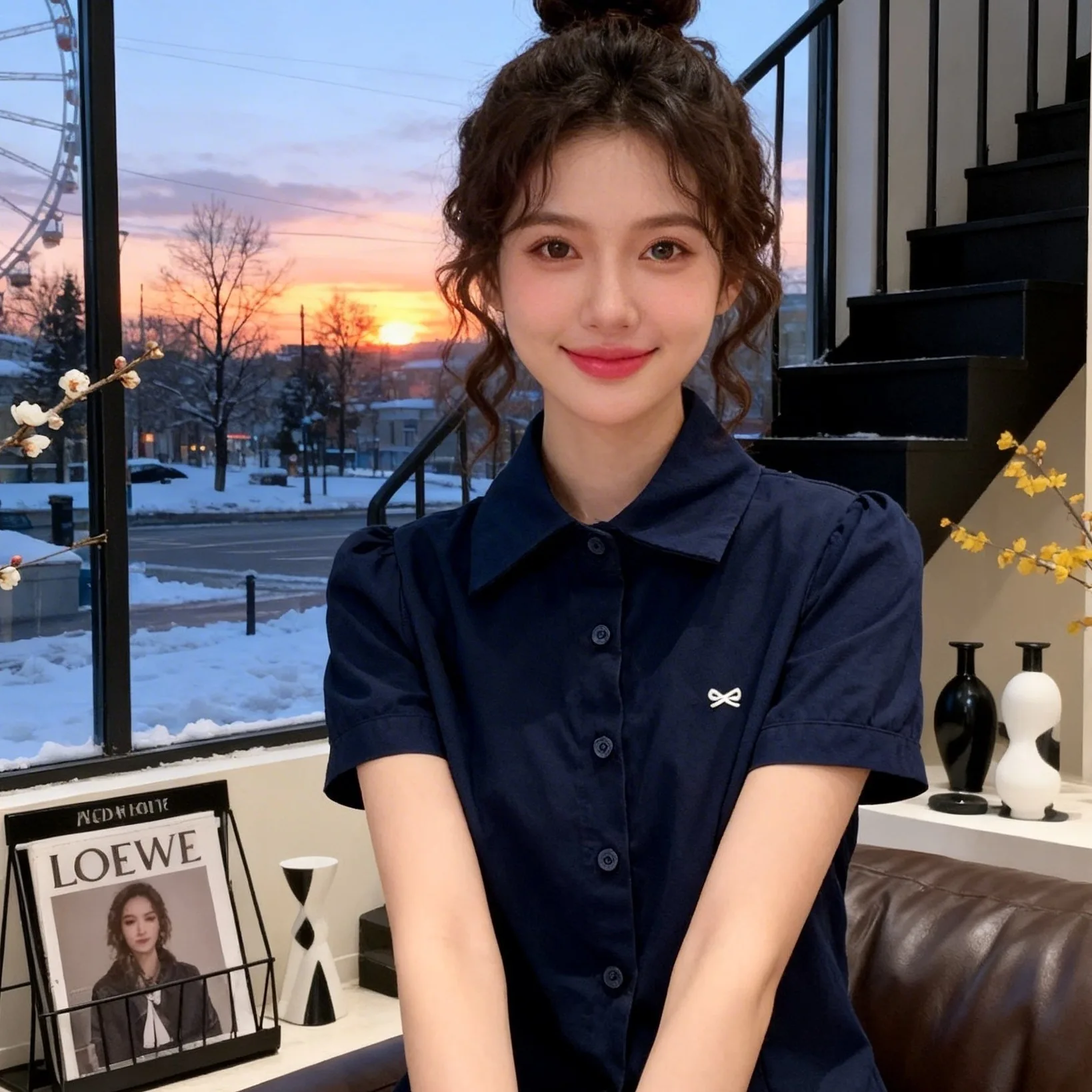 

Elegant Neck Shirt with Embroidered Knot Short Sleeve Slimming Waist Design Versatile Simple Style for Women