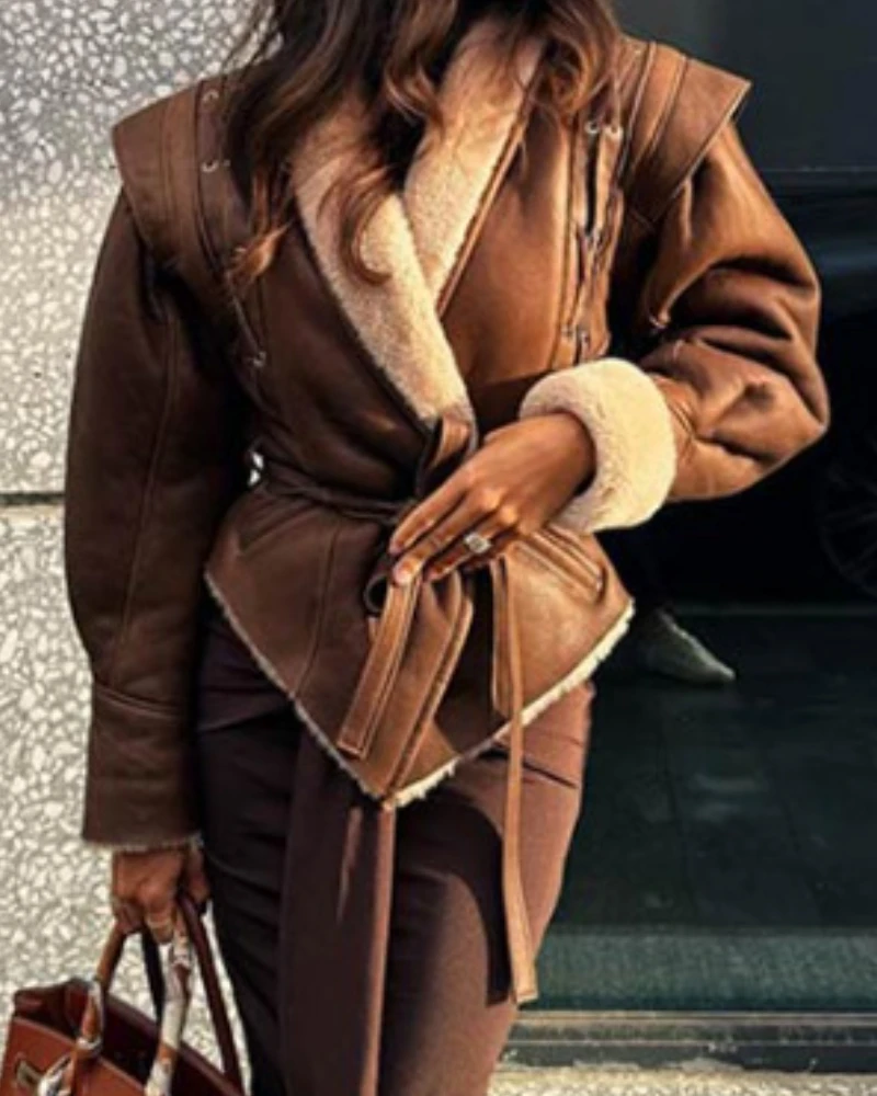Women Sheepskin Neck Spliced Faux Leather Coat With Belt Fashion Loose Lapel Pocket Overcoat Lady Winter Warm Thicken Streetwear