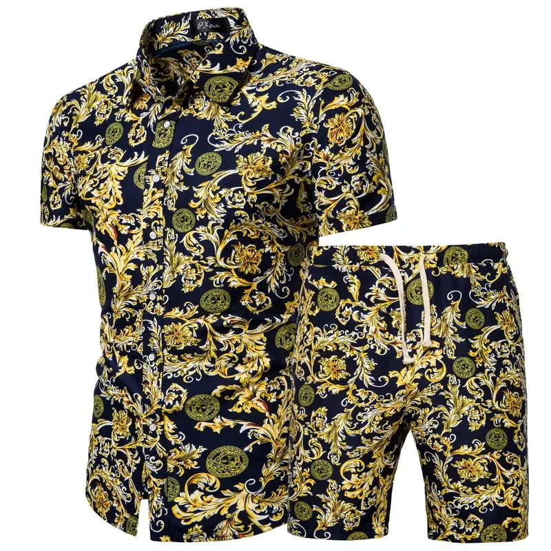 

Summer men's casual suits, men's beach short-sleeved shirts, shorts sets - youthful fashionable printed sports suits