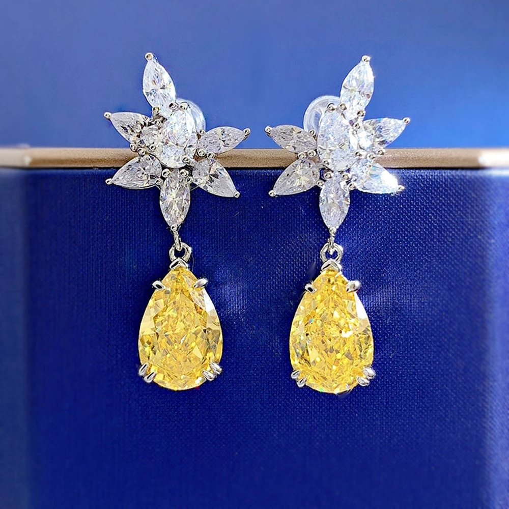 SHIPEI Luxury 925 Sterling Silver Pear 8*12 MM Citrine White Sapphire Gemstone Fine Jewelry 18K Gold Plated Dangle Earrings Gift