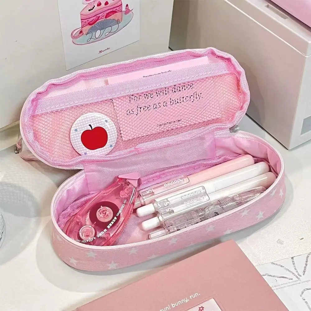 Pink Star Rabbit Pattern Pen Bag Double Layers Transparent Pencil Case Vertical Base Large Capacity Stationery Organizer