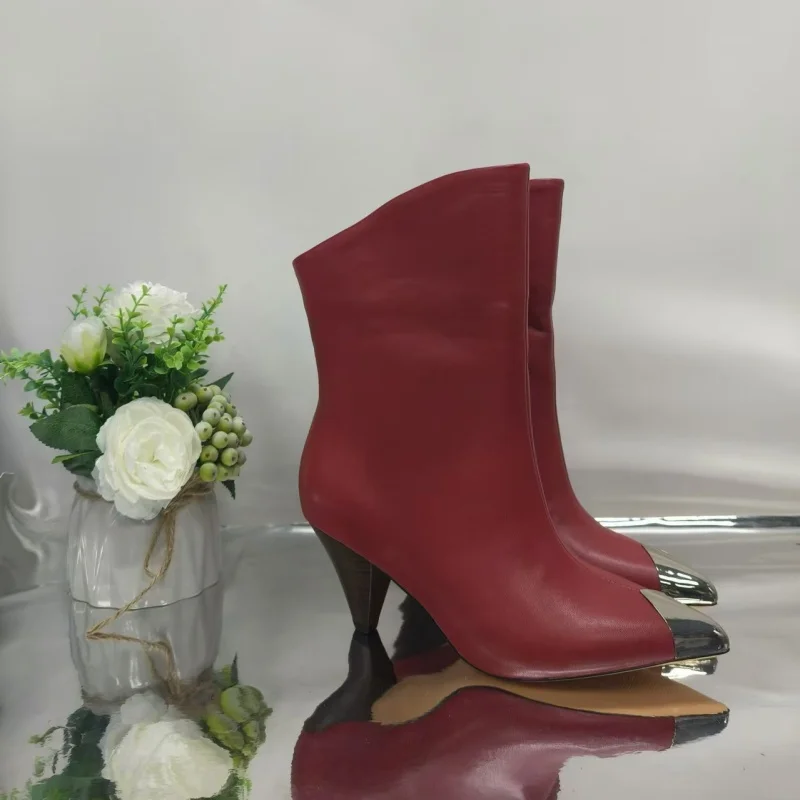

2025 Autumn New Spike High Heels Leather Pointy Short Short Boots for Women In Large Size 43 Iron Toe Lady's Botties Shoes