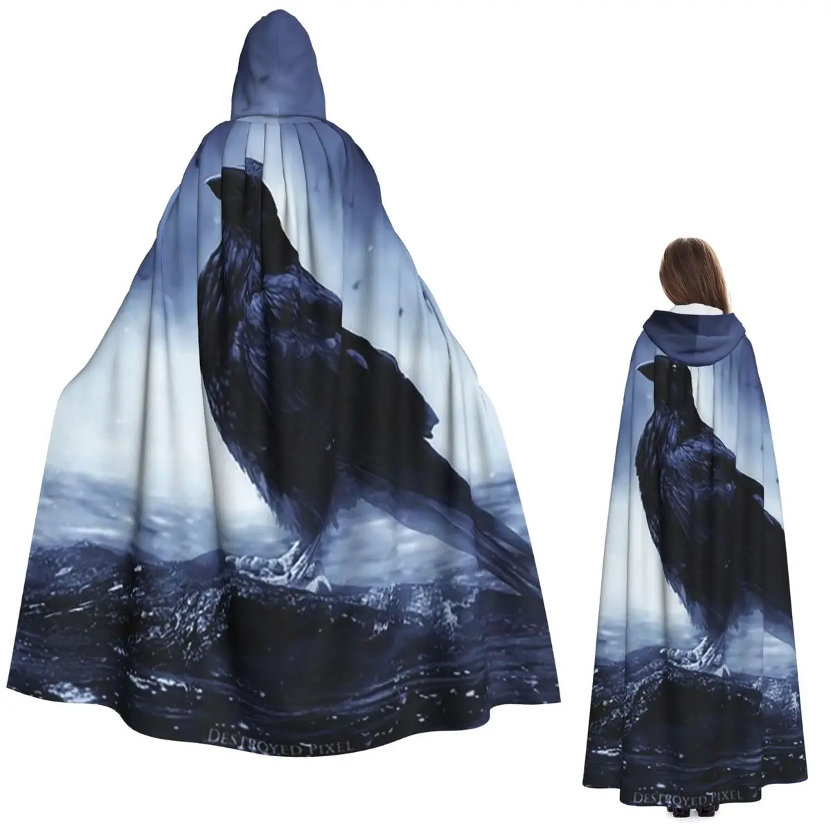 

Raven In Mystical Light Long Hooded Cloak Witch Medieval Costume Cosplay Cape HalloweenParty Adult Unisex