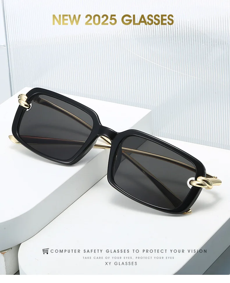2026 Neue trendige quadratische Retro-Brille | Goldknoten-Detail und Metallbügel | Y2K Edgy-Girly-Stil – Detail 1