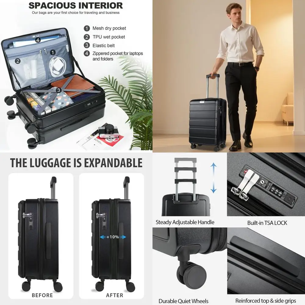 

20-Inch Black Expandable Hard Shell Carry-On Suitcase with Spinner Wheels, Built-in TSA Lock, and USB Port