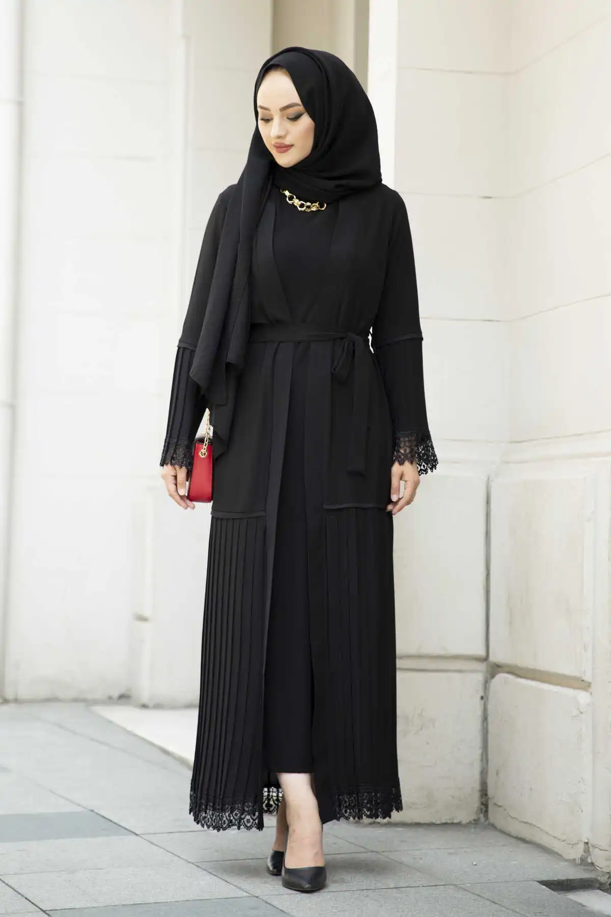 ; Pleats Lace Detail Abaya Black Winter Autumn 2021 Muslim Women Hijab headscarf Islamic Turkey