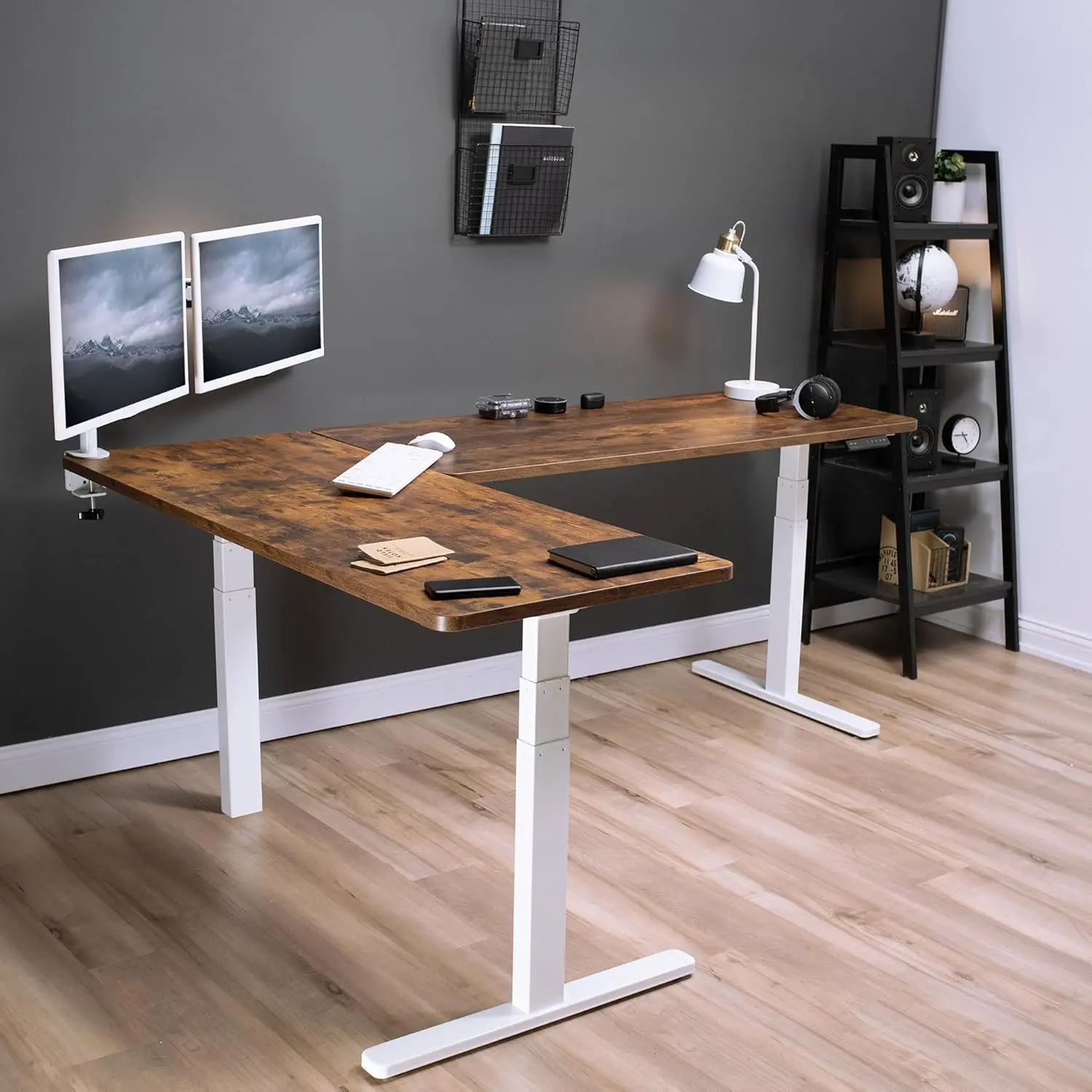 Electric Height Adjustable 83 x 60 inch Corner Stand Up Desk 2 Dark Walnut Solid Table Tops Black Frame Memory Controller