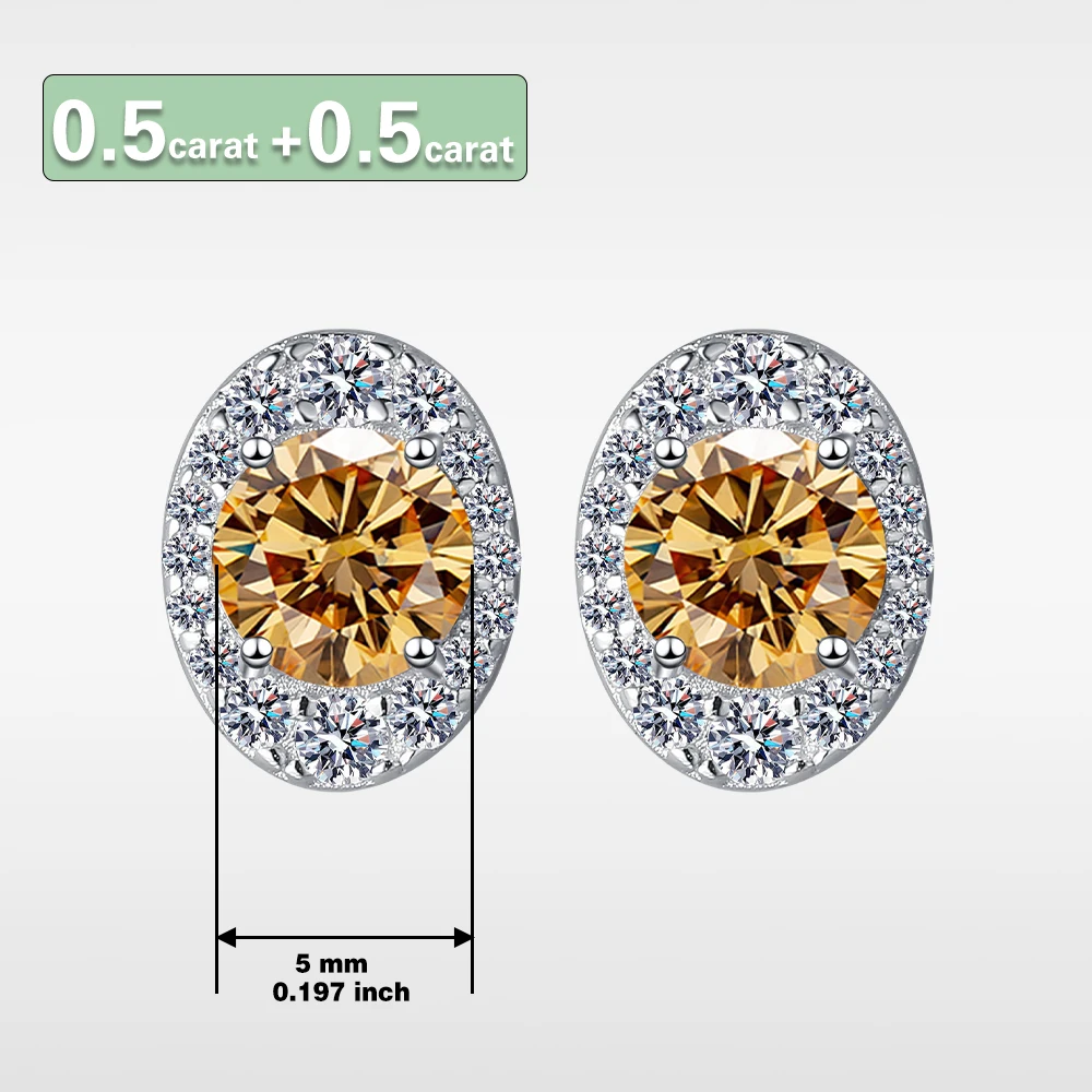 A pair of S925 sterling silver Champagne stud earrings, oval bracket wrapped round GRA moissanite simple elegant earrings