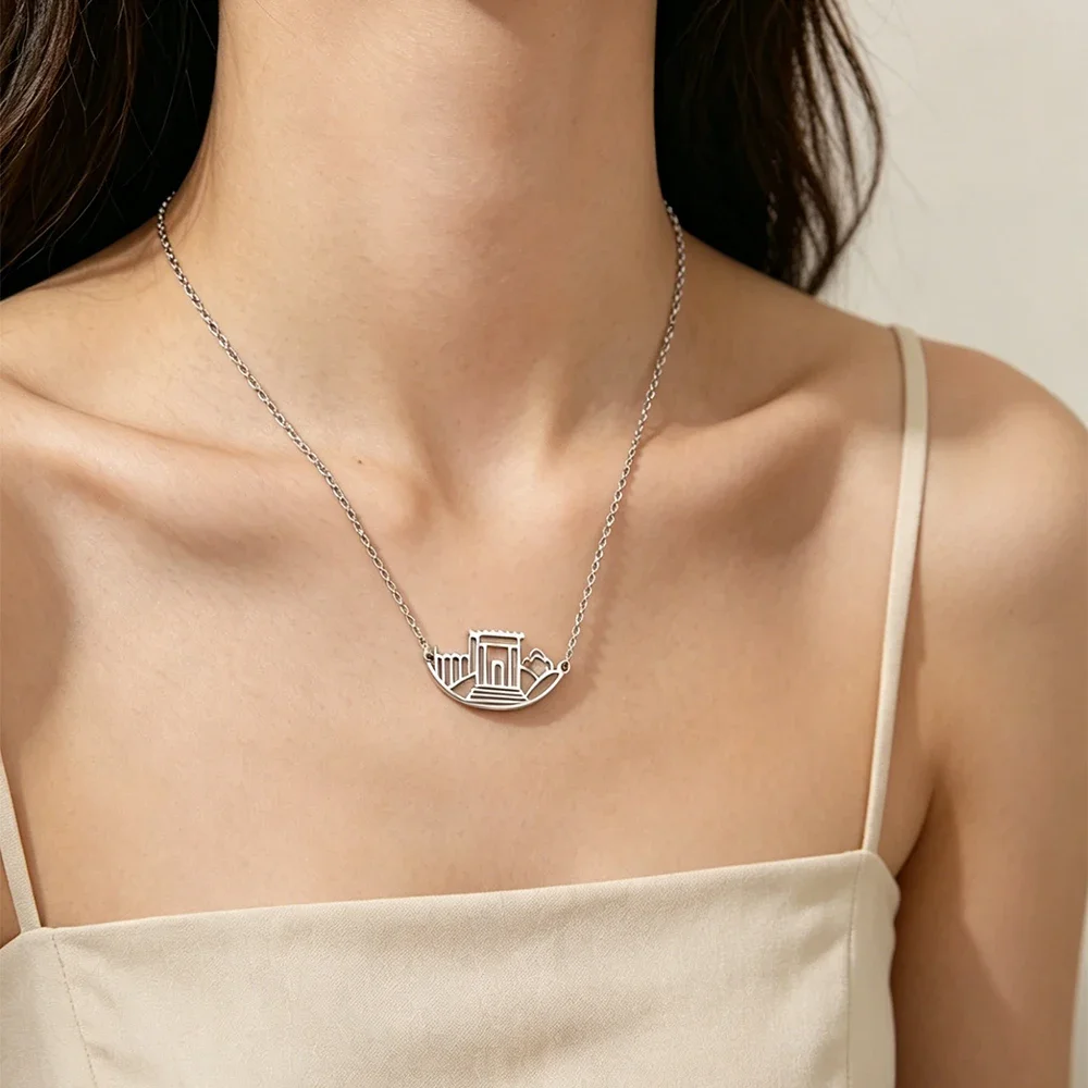 Skyrim Beit HaMikdash Necklace Stainless Steel Gold Color Jerusalem Holy Temple Necklaces Women Jewish Jewelry Gift