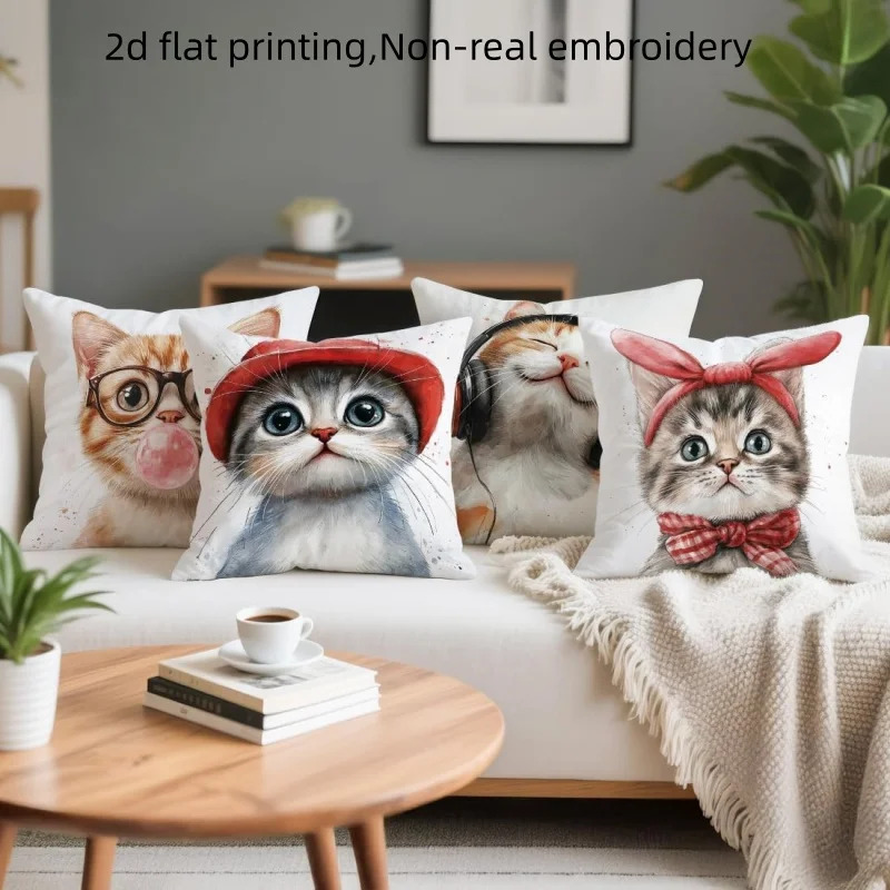 4pcs Cute Funny Cat Throw Pillow Covers, Realistic Kitten with Headphones Glasses Print Cushion Cases, Cat Lover Decor