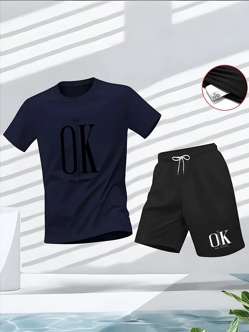 Men's fashion fitness summer sports set, round-neck short-sleeved T-shirt, five-inch shorts, slimming and fashionable two-piece
