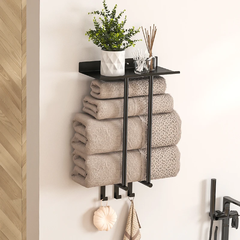 Bathroom towel rack, wall mounted metal rack with 3 hooks, roll towel storage rack, suitable for small bathrooms, black