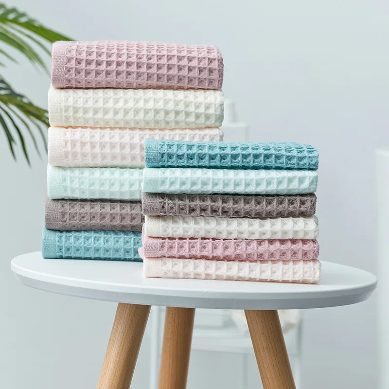 Pure Cotton Waffle Japanese Towel Plain Cotton Face Towel Water-Absorbing and Easy-Drying Adult Towel