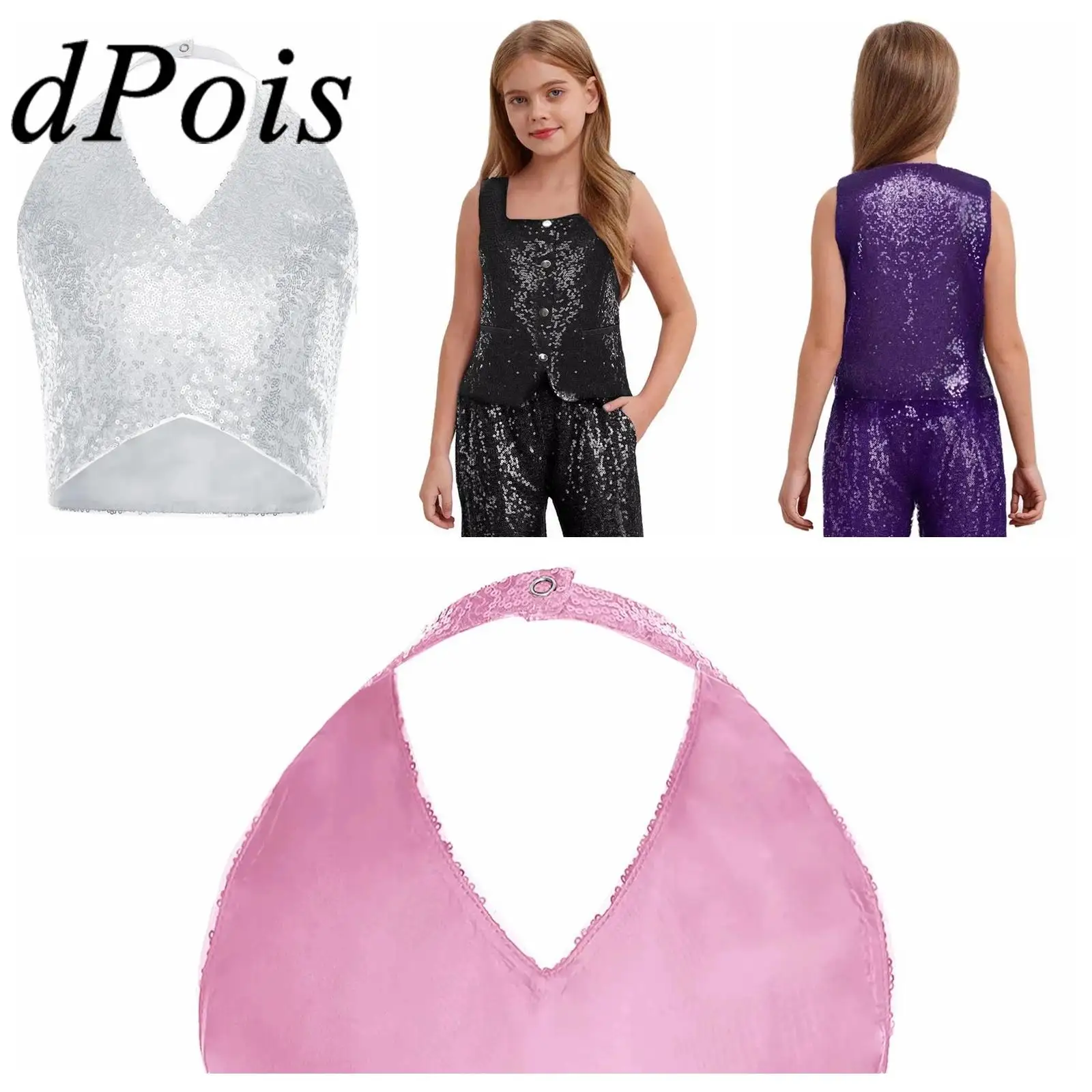 

Children's Streetwear Girls Sequin Vest Jazz Dance Halloween Carnival Costume Party Stage Performance Dancewear Kids Clothing