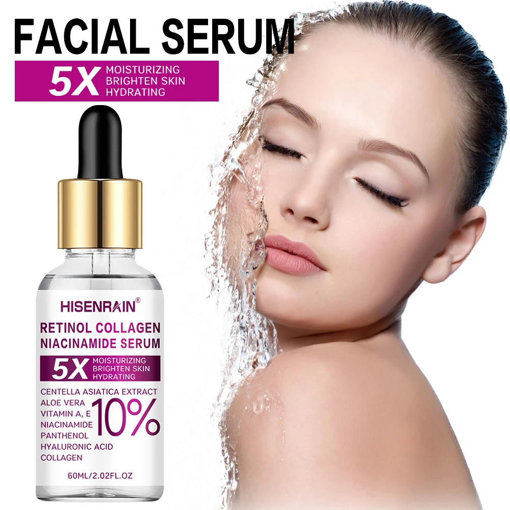 HISENRAIN 5x Powerful Retinol + Collagen Essence Lightweight 72H Hydrating Formula for Sensitive Skin Friendly with Snow Grass